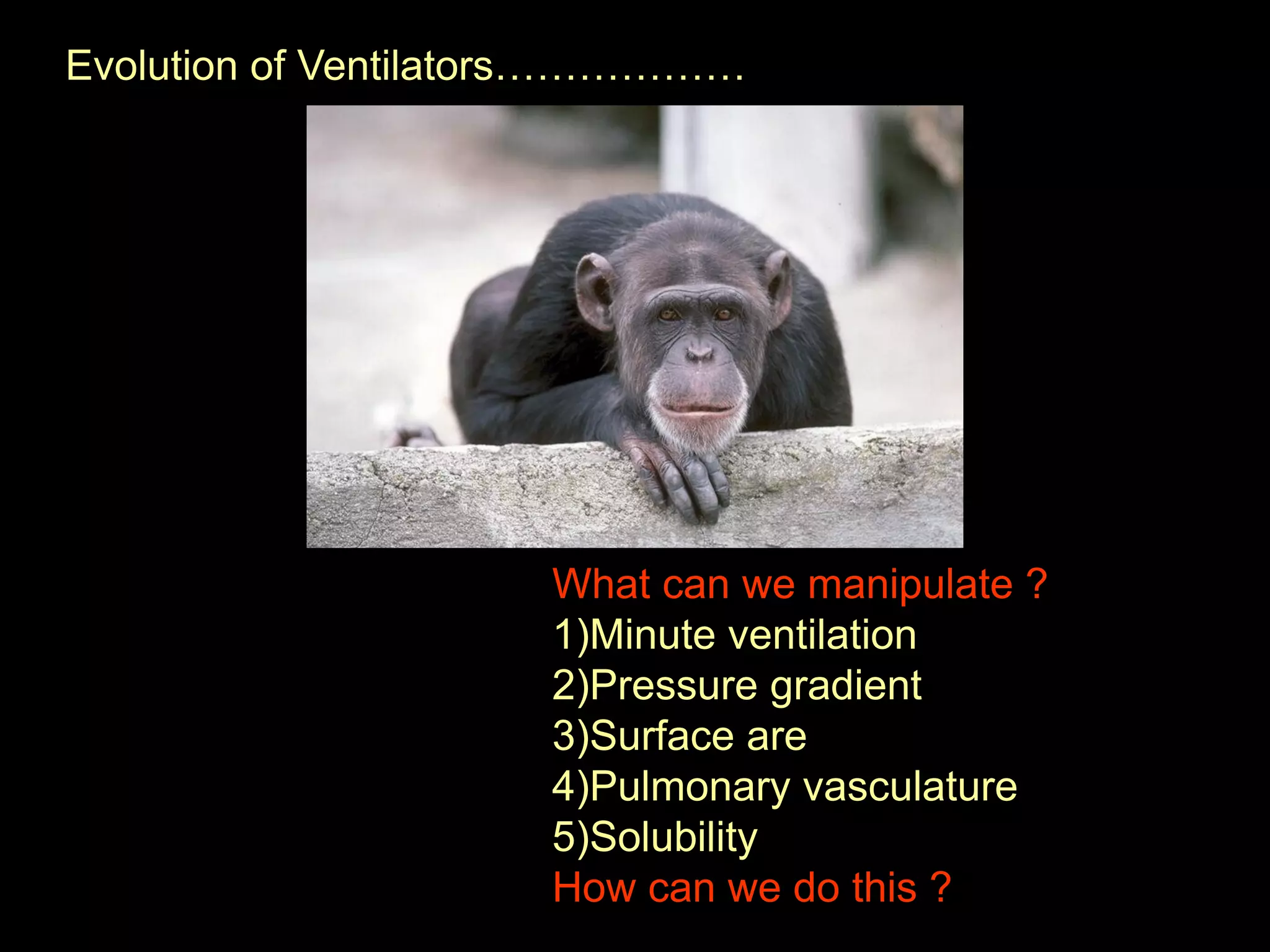 Evolution of Ventilators………………
What can we manipulate ?
1)Minute ventilation
2)Pressure gradient
3)Surface are
4)Pulmonary vasculature
5)Solubility
How can we do this ?
 