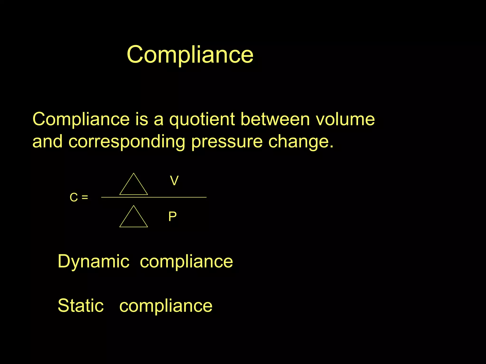 Compliance
Compliance is a quotient between volume
and corresponding pressure change.
C =
V
P
Dynamic compliance
Static compliance
 