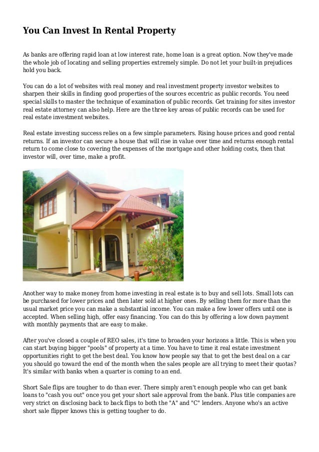 You Can Invest In Rental Property - you can invest in rental property as banks are offering rapid loan at low interest rate