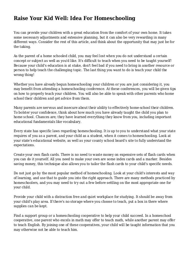 Raise Your Kid Well Idea For Homeschooling