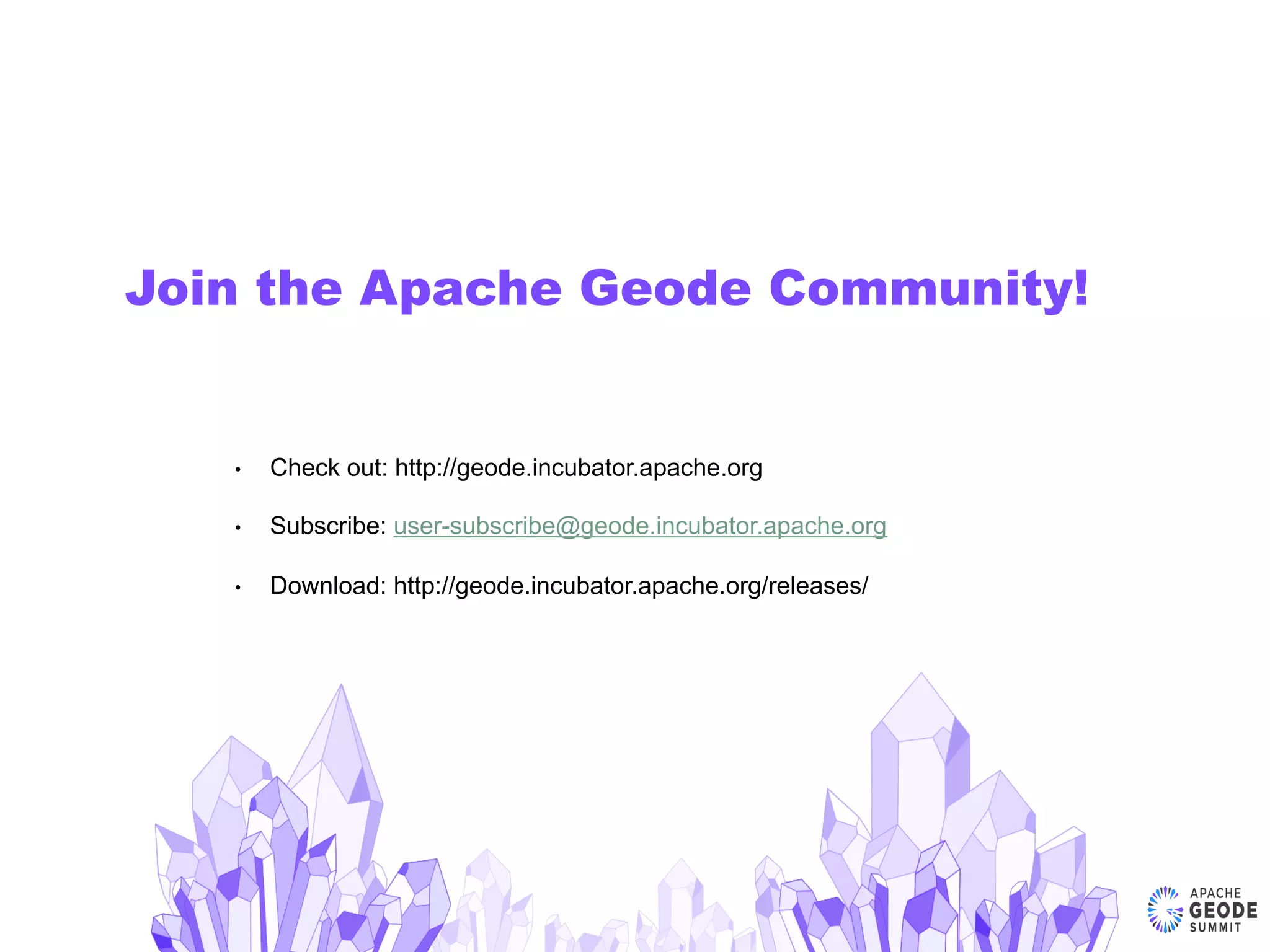 Join the Apache Geode Community!
•  Check out: http://geode.incubator.apache.org
•  Subscribe: user-subscribe@geode.incubator.apache.org
•  Download: http://geode.incubator.apache.org/releases/
 