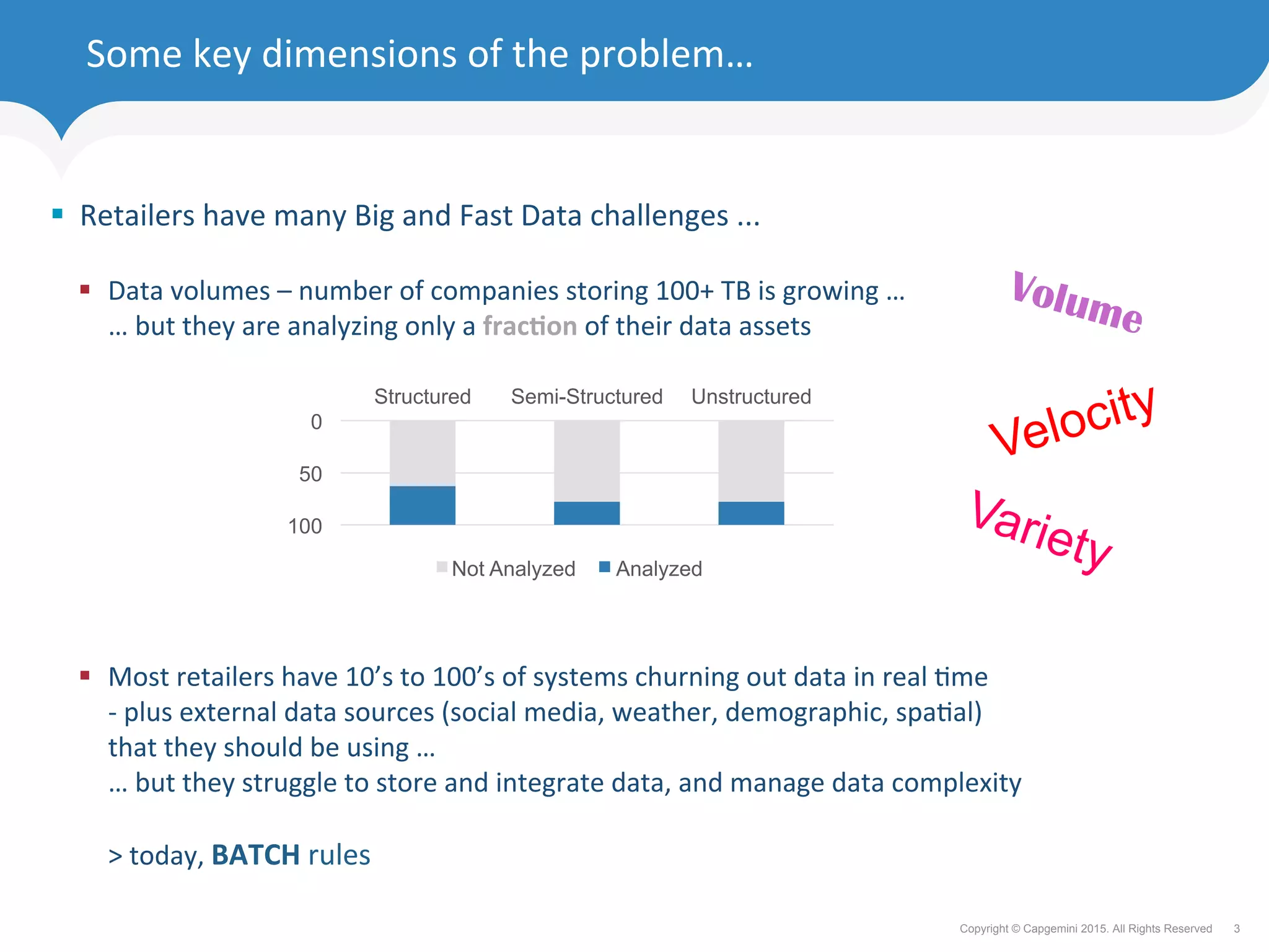 3Copyright © Capgemini 2015. All Rights Reserved
Some	key	dimensions	of	the	problem…	
§  Retailers	have	many	Big	and	Fast	Data	challenges	...	
	
§  Data	volumes	–	number	of	companies	storing	100+	TB	is	growing	…	
…	but	they	are	analyzing	only	a	frac%on	of	their	data	assets	
	
	
	
	
	
	
	
	
	
§  Most	retailers	have	10’s	to	100’s	of	systems	churning	out	data	in	real	Fme	
-	plus	external	data	sources	(social	media,	weather,	demographic,	spaFal)	
that	they	should	be	using	…	
…	but	they	struggle	to	store	and	integrate	data,	and	manage	data	complexity		
	
>	today,	BATCH	rules	
0
50
100
Structured Semi-Structured Unstructured
Not Analyzed Analyzed
Volume
Velocity
Variety
 