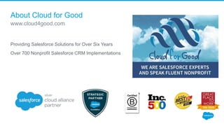 About Cloud for Good
Providing Salesforce Solutions for Over Six Years
Over 700 Nonprofit Salesforce CRM Implementations
www.cloud4good.com
 