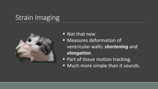 Strain Imaging 
 Not that new 
 Measures deformation of 
ventricular walls: shortening and 
elongation. 
 Part of tissue motion tracking. 
 Much more simple than it sounds. 
 