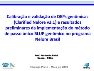 Calibração e validação de DEPs genômicas
(Clarified Nelore v3.1) e resultados
preliminares da implementação do método
de passo único BLUP genômico no programa
Nelore Brasil
Ribeirão Preto – Maio de 2018
Prof. Fernando Baldi
Unesp – FCAV
 