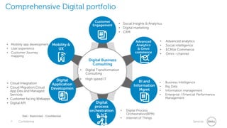 7 Confidential Services
Dell - Restricted - Confidential
Comprehensive Digital portfolio
Mobility &
UX
• Social Insights & Analytics
• Digital marketing
• CRM
• Advanced analytics
• Social intelligence
• ECM/e Commerce
• Omni -channel
• Mobility app development
• User experience
• Customer Journey
mapping
• Cloud Integration
• Cloud Migration,Cloud
App Dev and Managed
Services
• Customer facing Webapps
• Digital API
• Business Intelligence
• Big Data
• Information management
• Enterprise / Financial Performance
Management
Digital
Application
Developmen
t
BI and
Information
Mgmt
• Digital Process
Orchestration(BPM)
• Internet of Things
Digital
process
orchestration
& IoT
Customer
Engagement
Digital Business
Consulting
• Digital Transformation
Consulting
• High speed IT
Advanced
Analytics
& Omni
commerce
 