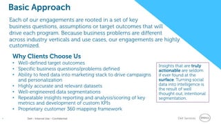 Dell Services• Dell - Internal Use - Confidential
Basic Approach
Insights that are truly
actionable are seldom
if ever found at the
surface. Turning social
data into intelligence is
the result of well
thought out, intentional
segmentation.
Each of our engagements are rooted in a set of key
business questions, assumptions or target outcomes that will
drive each program. Because business problems are different
across industry verticals and use cases, our engagements are highly
customized.
Why Clients Choose Us
• Well-defined target outcomes
• Specific business questions/problems defined
• Ability to feed data into marketing stack to drive campaigns
and personalization
• Highly accurate and relevant datasets
• Well-engineered data segmentations
• Repeatable insights reporting and analysis/scoring of key
metrics and development of custom KPIs
• Proprietary customer 360 mapping framework
 