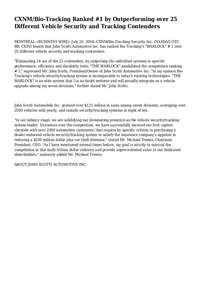 CXNM/BioTracking Ranked 1 by Outperforming over 25 Different Vehicle