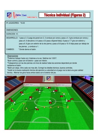 Nº JUGADORES: *16-20 
DIMENSIONES: 
DURACION: 10´. 
DESARROLLO: 1 pasa a 3. 3 juega de pared con 2. 2 conduce por conos y pasa a 4. 4 gira conduce por conos y 
pasa a 6. 6 devuelve a 4.4 pasa a 5.5 pasa a 6(pared falsa). 6 pasa a 7.7 gira con exterior y 
pasa a 8. 8 gira con exterior de la otra pierna y pasa a 9.9 pasa a 10.10 deja pasar por debajo de 
las piernas , y conduce a 1. 
CAMBIOS : * Donde damos el balón. 
Observaciones 
*Podemos trabajar hasta con 4 balones a la vez. Saldrían de 1/3/5/7. 
*Buen control y pase con el Exterior + pase con interior. 
*Trabajaremos con las dos piernas a la hora de realizar todas las acciones dependerá por donde 
recibamos el balón. 
*Balón por abajo ,ritmo cada vez mas alto. Corregir los detalles técnicos ,buenos controles. 
*Insistir en la buena realización técnica del ejercicio.La velocidad en el juego nos la dará una gran calidad 
técnica. Alternar los giros hacia ambos lados con el exterior del pie. 
1 
2 
3 
4 
5 
8 7 
6 
9 
10 
 