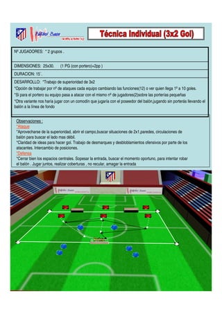 Nº JUGADORES: * 2 grupos . 
DIMENSIONES: 25x30. (1 PG (con portero)+2pp ) 
DURACION: 15´. 
DESARROLLO: *Trabajo de superioridad de 3x2 
*Opción de trabajar por nº de ataques cada equipo cambiando las funciones(12) o ver quien llega 1º a 10 goles. 
*Si para el portero su equipo pasa a atacar con el mismo nº de jugadores(2)sobre las porterías pequeñas 
*Otra variante nos haría jugar con un comodín que jugaría con el poseedor del balón,jugando sin porterás llevando el 
balón a la línea de fondo 
Observaciones : 
*Ataque 
*Aprovecharse de la superioridad, abrir el campo,buscar situaciones de 2x1,paredes, circulaciones de 
balón para buscar el lado mas débil. 
*Claridad de ideas para hacer gol. Trabajo de desmarques y desbloblamientos ofensivos por parte de los 
atacantes. Intercambio de posiciones. 
*Defensa 
*Cerrar bien los espacios centrales. Sopesar la entrada, buscar el momento oportuno, para intentar robar 
el balón . Jugar juntos, realizar coberturas , no recular, amagar la entrada 
 