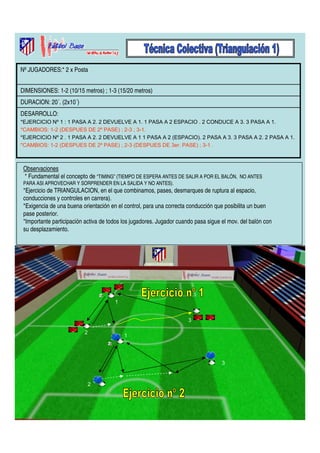 Nº JUGADORES:* 2 x Posta 
DIMENSIONES: 1-2 (10/15 metros) ; 1-3 (15/20 metros) 
DURACION: 20´. (2x10´) 
DESARROLLO: 
*EJERCICIO Nº 1 : 1 PASA A 2. 2 DEVUELVE A 1. 1 PASA A 2 ESPACIO . 2 CONDUCE A 3. 3 PASA A 1. 
*CAMBIOS: 1-2 (DESPUES DE 2º PASE) ; 2-3 ; 3-1. 
*EJERCICIO Nº 2 . 1 PASA A 2. 2 DEVUELVE A 1 1 PASA A 2 (ESPACIO). 2 PASA A 3. 3 PASA A 2. 2 PASA A 1. 
*CAMBIOS: 1-2 (DESPUES DE 2º PASE) ; 2-3 (DESPUES DE 3er. PASE) ; 3-1 . 
Observaciones 
* Fundamental el concepto de “TIMING” (TIEMPO DE ESPERA ANTES DE SALIR A POR EL BALÓN, NO ANTES 
PARA ASI APROVECHAR Y SORPRENDER EN LA SALIDA Y NO ANTES). 
*Ejercicio de TRIANGULACION, en el que combinamos, pases, desmarques de ruptura al espacio, 
conducciones y controles en carrera). 
*Exigencia de una buena orientación en el control, para una correcta conducción que posibilita un buen 
pase posterior. 
*Importante participación activa de todos los jugadores. Jugador cuando pasa sigue el mov. del balón con 
su desplazamiento. 
1 
2 
3 
1 
2 
3 
 
