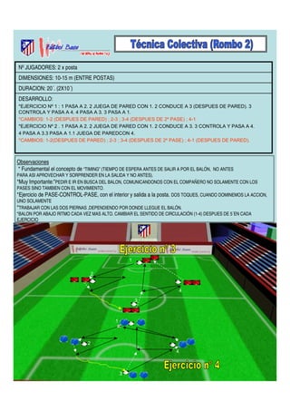 Nº JUGADORES: 2 x posta 
DIMENSIONES: 10-15 m (ENTRE POSTAS) 
DURACION: 20´. (2X10´) 
DESARROLLO: 
*EJERCICIO Nº 1 : 1 PASA A 2. 2 JUEGA DE PARED CON 1. 2 CONDUCE A 3 (DESPUES DE PARED). 3 
CONTROLA Y PASA A 4. 4 PASA A 3. 3 PASA A 1. 
*CAMBIOS: 1-2 (DESPUES DE PARED) ; 2-3 ; 3-4 (DESPUES DE 2º PASE) ; 4-1 
*EJERCICIO Nº 2 . 1 PASA A 2. 2 JUEGA DE PARED CON 1. 2 CONDUCE A 3. 3 CONTROLA Y PASA A 4. 
4 PASA A 3.3 PASA A 1.1 JUEGA DE PAREDCON 4. 
*CAMBIOS: 1-2(DESPUES DE PARED) ; 2-3 ; 3-4 (DESPUES DE 2º PASE) ; 4-1 (DESPUES DE PARED). 
Observaciones 
* Fundamental el concepto de “TIMING” (TIEMPO DE ESPERA ANTES DE SALIR A POR EL BALÓN, NO ANTES 
PARA ASI APROVECHAR Y SORPRENDER EN LA SALIDA Y NO ANTES). 
*Muy Importante:”PEDIR E IR EN BUSCA DEL BALON, COMUNICANDONOS CON EL COMPAÑERO NO SOLAMENTE CON LOS 
PASES SINO TAMBIEN CON EL MOVIMIENTO. 
*Ejercicio de PASE-CONTROL-PASE, con el interior y salida a la posta. DOS TOQUES, CUANDO DOMINEMOS LA ACCION, 
UNO SOLAMENTE 
*TRABAJAR CON LAS DOS PIERNAS ,DEPENDIENDO POR DONDE LLEGUE EL BALÓN. 
*BALON POR ABAJO RITMO CADA VEZ MAS ALTO. CAMBIAR EL SENTIDO DE CIRCULACIÓN (1-4) DESPUES DE 5´EN CADA 
EJERCICIO 
1 
2 
4 
3 
1 
2 
4 
3 
 