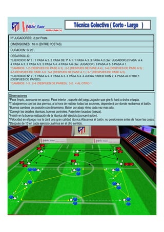 Nº JUGADORES: 2 por Posta 
DIMENSIONES: 10 m (ENTRE POSTAS) 
DURACION: 2x 20´. 
DESARROLLO: 
*EJERCICIO Nº 1 : 1 PASA A 2. 2 PASA DE 1ª A 1. 1 PASA A 3. 3 PASA A 2 (3er. JUGADOR).2 PASA A 4. 
4 PASA A 3. 3 PASA A 5. 5 PASA A 4. 4 PASA A 6 (3er. JUGADOR). 6 PASA A 5. 5 PASA A 1. 
*CAMBIOS: 1-2 (DESPUES DE PASE A 3) ; 2-3 (DESPUES DE PASE A 4) ; 3-4 (DESPUES DE PASE A 5) ; 
4-5 DESPUES DE PASE A 6 ; 5-6 (DESPUES DE PASE A 1) ; 6-1 (DESPUES DE PASE A 5). 
*EJERCICIO Nº 2 . 1 PASA A 2. 2 PASA A 3. 3 PASA A 4. 4 JUEGA PARED CON 2. 4 PASA AL OTRO 1 
(DESPUES DE PARED). 
*CAMBIOS: 1-3 ; 2-4 (DESPUES DE PARED) ; 3-2 ; 4 AL OTRO 1. 
Observaciones 
*Pase limpio, acercarse en apoyo. Pase interior , soporte del juego.Jugador que gire lo hará a drcha o izqda. 
*Trabajaremos con las dos piernas, a la hora de realizar todas las acciones, dependerá por donde recibamos el balón. 
*Buenos cambios de posición con dinamismo. Balón por abajo ritmo cada vez mas alto. 
*Corregir los detalles técnicos, buenos controles. Pase bien tocados (fuerza). 
*Insistir en la buena realización de la técnica del ejercicio.(concentración). 
*Velocidad en el juego nos la dará una gran calidad técnica.Atacamos el balón. no presionarse antes de hacer las cosas. 
*Después de 10´en cada ejercicio ,salimos en el otro sentido. 
1 
2 4 
3 
5 
6 
1 
2 
4 
3 
1 
2 
3 
4 
 