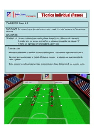 Nº JUGADORES: Grupos de 3 
DIMENSIONES: En los tres primeros ejercicios 5m entre centro y banda 10 m entre bandas .en el 4º aumentamos 
distancias 
DURACION: 30´. 
DESARROLLO: 1) Pase corto (dentro) pase mas largo fuera. (Imagen) (10´) 2) Mismo con la cabeza (5´) 
3) Jugador lanza con la mano al compañero se anticipa por dcha/izqda. (pié /cabeza) (10´) 
4) Misma que al principio con variantes banda y centro (5´) 
Observaciones 
•Multilateralidad en todos los ejercicios ,trabajando ambas piernas y las diferentes superficies con la cabeza. 
•La mejora la conseguiremos por la vía de la dificultad de ejecución y la velocidad que vayamos solicitando 
de los jugadores. 
*Estos ejercicios los realizaremos en principio sin oposición o en el caso del (ejercicio 3) con oposición pasiva. 
1 
2 
3 
4 
5 
6 
 