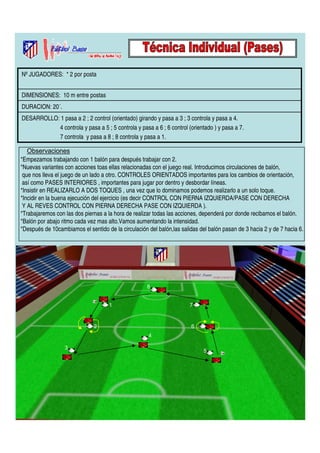 Nº JUGADORES: * 2 por posta 
DIMENSIONES: 10 m entre postas 
DURACION: 20´. 
DESARROLLO: 1 pasa a 2 ; 2 control (orientado) girando y pasa a 3 ; 3 controla y pasa a 4. 
4 controla y pasa a 5 ; 5 controla y pasa a 6 ; 6 control (orientado ) y pasa a 7. 
7 controla y pasa a 8 ; 8 controla y pasa a 1. 
Observaciones 
*Empezamos trabajando con 1 balón para después trabajar con 2. 
*Nuevas variantes con acciones toas ellas relacionadas con el juego real. Introducimos circulaciones de balón, 
que nos lleva el juego de un lado a otro. CONTROLES ORIENTADOS importantes para los cambios de orientación, 
así como PASES INTERIORES , importantes para jugar por dentro y desbordar líneas. 
*Insistir en REALIZARLO A DOS TOQUES , una vez que lo dominamos podemos realizarlo a un solo toque. 
*Incidir en la buena ejecución del ejercicio (es decir CONTROL CON PIERNA IZQUIERDA/PASE CON DERECHA 
Y AL REVES CONTROL CON PIERNA DERECHA PASE CON IZQUIERDA ). 
*Trabajaremos con las dos piernas a la hora de realizar todas las acciones, dependerá por donde recibamos el balón. 
*Balón por abajo ritmo cada vez mas alto.Vamos aumentando la intensidad. 
*Después de 10cambiamos el sentido de la circulación del balón,las salidas del balón pasan de 3 hacia 2 y de 7 hacia 6. 
1 
2 
3 
4 
5 
7 
6 
8 
 