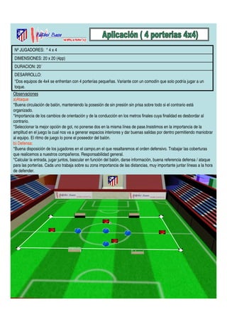 Nº JUGADORES: * 4 x 4 
DIMENSIONES: 20 x 20 (4pp) 
DURACION: 20´ 
DESARROLLO: 
*Dos equipos de 4x4 se enfrentan con 4 porterías pequeñas. Variante con un comodín que solo podría jugar a un 
toque. 
Observaciones 
a)Ataque 
*Buena circulación de balón, manteniendo la posesión de sin presión sin prisa sobre todo si el contrario está 
organizado. 
*Importancia de los cambios de orientación y de la conducción en los metros finales cuya finalidad es desbordar al 
contrario. 
*Seleccionar la mejor opción de gol, no ponerse dos en la misma línea de pase.Insistimos en la importancia de la 
amplitud en el juego la cual nos va a generar espacios interiores y dar buenas salidas por dentro permitiendo maniobrar 
al equipo. El ritmo de juego lo pone el poseedor del balón. 
b) Defensa: 
*Buena disposición de los jugadores en el campo,en el que resaltaremos el orden defensivo. Trabajar las coberturas 
que realicemos a nuestros compañeros. Responsabilidad general. 
*Calcular la entrada, jugar juntos, bascular en función del balón, darse información, buena referencia defensa / ataque 
para las porterías. Cada uno trabaja sobre su zona importancia de las distancias, muy importante juntar líneas a la hora 
de defender. 
 