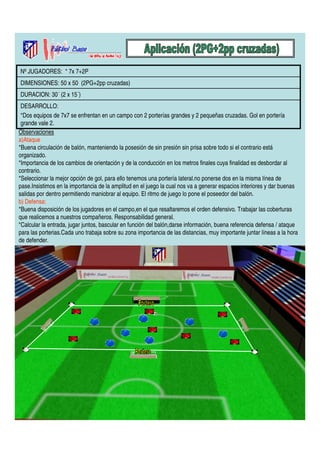 Nº JUGADORES: * 7x 7+2P 
DIMENSIONES: 50 x 50 (2PG+2pp cruzadas) 
DURACION: 30´ (2 x 15´) 
DESARROLLO: 
*Dos equipos de 7x7 se enfrentan en un campo con 2 porterías grandes y 2 pequeñas cruzadas. Gol en portería 
grande vale 2. 
Observaciones 
a)Ataque 
*Buena circulación de balón, manteniendo la posesión de sin presión sin prisa sobre todo si el contrario está 
organizado. 
*Importancia de los cambios de orientación y de la conducción en los metros finales cuya finalidad es desbordar al 
contrario. 
*Seleccionar la mejor opción de gol, para ello tenemos una portería lateral.no ponerse dos en la misma línea de 
pase.Insistimos en la importancia de la amplitud en el juego la cual nos va a generar espacios interiores y dar buenas 
salidas por dentro permitiendo maniobrar al equipo. El ritmo de juego lo pone el poseedor del balón. 
b) Defensa: 
*Buena disposición de los jugadores en el campo,en el que resaltaremos el orden defensivo. Trabajar las coberturas 
que realicemos a nuestros compañeros. Responsabilidad general. 
*Calcular la entrada, jugar juntos, bascular en función del balón,darse información, buena referencia defensa / ataque 
para las porterias.Cada uno trabaja sobre su zona importancia de las distancias, muy importante juntar líneas a la hora 
de defender. 
 
