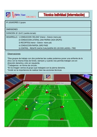 Nº JUGADORES: 2 grupos 
DIMENSIONES: . 
DURACION: 20´ (2x10´) (cambio de lado) 
DESARROLLO: 1) CONDUCCION “ZIG-ZAG” (Interior – Exterior mismo pie) 
2) CONDUCCION LATERAL (UNA PIERNA CADA GRUPO) 
3) RECORTES( Interior – Exterior mismo pié) 
4) CONDUCCION RAPIDA, GIRO PASE 
5) CONTROL , REGATE (HACIA CUALQUIERA DE LOS DOS LADOS) + TIRO 
Observaciones 
*Dos grupos de trabajo con dos porterías las cuales podemos poner una enfrente de la 
otra o en la misma línea de fondo, siempre y cuando nos permita trabajar uno en 
dirección derecha y otro en izquierda. 
*Trabajamos en forma de circuito. 
*En la imagen vemos el grupo que trabajará con la pierna derecha. 
*Incidir en la importancia de realizar bien las acciones técnicas 
1 
2 
5 
3 4 
 