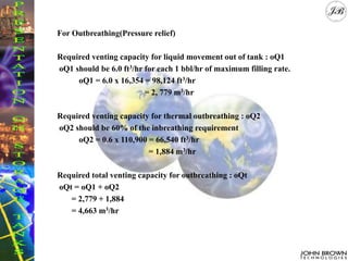 For Outbreathing(Pressure relief)
Required venting capacity for liquid movement out of tank : oQ1
oQ1 should be 6.0 ft3/hr for each 1 bbl/hr of maximum filling rate.
oQ1 = 6.0 x 16,354 = 98,124 ft3/hr
= 2, 779 m3/hr
Required venting capacity for thermal outbreathing : oQ2
oQ2 should be 60% of the inbreathing requirement
oQ2 = 0.6 x 110,900 = 66,540 ft3/hr
= 1,884 m3/hr
Required total venting capacity for outbreathing : oQt
oQt = oQ1 + oQ2
= 2,779 + 1,884
= 4,663 m3/hr
 