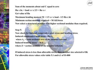 Sum of the moments about end C equal to zero
Ha x ht. + load x r x 2/3 = Ra x r
Get value of Ha
Maximum bending moment M = 1/3 x r x load - 1/3 Ha x ht
Minimum section modulus required = M/All.Stress
Now select a structural member with higher sectional modulus than required.
Step 5:
Now check for Induced compressive axial stress and bending stress
Induced compressive axial stress =Ha/Ar
where Ar = cross sectional area of the member selected
Induced bending stress = M/Z
where Z = section modulus of the member selected.
If induced stress is less than allowable stress, then member size selected is OK
For allowable stress values refer table 5.1 and 6.1 of IS-800
 