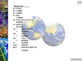 Second trial:
H = 57.414
tu = 1.36467
tl = 1.59256
K = tl/tu
1.166992
C= k^0.5 (k-1) / (1 + K^1.5)
0.079798
a = (rtu)^0.5
49.71338
x1 = 0.61a + 3.84CH
= 47.91824
x2 = 12CH
= 54.97837
x3 = 1.22a
= 60.65032
x = 47.91824
x/12 = 3.993187
tdx = (2.6D (H-x/12)G) / Sd
1.347522
 