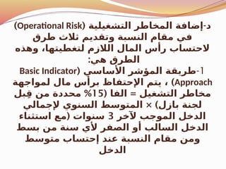 ( -
‫التشغيلية‬ ‫المخاطر‬ ‫إضافة‬ ‫د‬
Operational Risk
)
‫طرق‬ ‫ثالث‬ ‫وتقديم‬ ‫النسبة‬ ‫مقام‬ ‫في‬
‫وهذه‬ ،‫لتغطيتها‬ ‫الالزم‬ ‫المال‬ ‫رأس‬ ‫الحتساب‬
:‫هي‬ ‫الطرق‬
1
-
( ‫األساسي‬ ‫المؤشر‬ ‫طريقة‬
Basic Indicator
Approach
)
‫لمواجهة‬ ‫مال‬ ‫برأس‬ ‫اإلحتفاظ‬ ‫يتم‬ ،
( =
‫الفا‬ ‫التشغيل‬ ‫مخاطر‬
15
%
‫بل‬ِ‫ق‬ ‫من‬ ‫محددة‬
× )
‫إلجمالي‬ ‫السنوي‬ ‫المتوسط‬ ‫بازل‬ ‫لجنة‬
‫آلخر‬ ‫الموجب‬ ‫الدخل‬
3
(
‫استثناء‬ ‫مع‬ ‫سنوات‬
‫بسط‬ ‫من‬ ‫سنة‬ ‫ألي‬ ‫الصفر‬ ‫أو‬ ‫السالب‬ ‫الدخل‬
‫متوسط‬ ‫إحتساب‬ ‫عند‬ ‫النسبة‬ ‫مقام‬ ‫ومن‬
‫الدخل‬
 