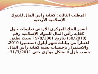 :
‫للبنوك‬ ‫المال‬ ‫رأس‬ ‫كفاية‬ ‫الثالث‬ ‫المطلب‬
‫األردنية‬ ‫اإلسالمية‬
‫حول‬ ‫تعليمات‬ ‫األردني‬ ‫المركزي‬ ‫البنك‬ ‫أصدر‬
‫رقم‬ ‫اإلسالمية‬ ‫للبنوك‬ ‫المال‬ ‫رأس‬ ‫كفاية‬
(
50/2010
)
‫بتاريخ‬
19/8/2001
‫تطبق‬ ‫بحيث‬
) (
‫سبتمبر‬ ‫أيلول‬ ‫شهر‬ ‫بيانات‬ ‫من‬ ً‫اعتبارا‬
2010
،
‫المال‬ ‫رأس‬ ‫كفاية‬ ‫نسبة‬ ‫بإحتساب‬ ‫واالستمرار‬
‫بازل‬ ‫حسب‬
II
‫حتى‬ ‫موازي‬ ‫بشكل‬
31/3/2011
.
 