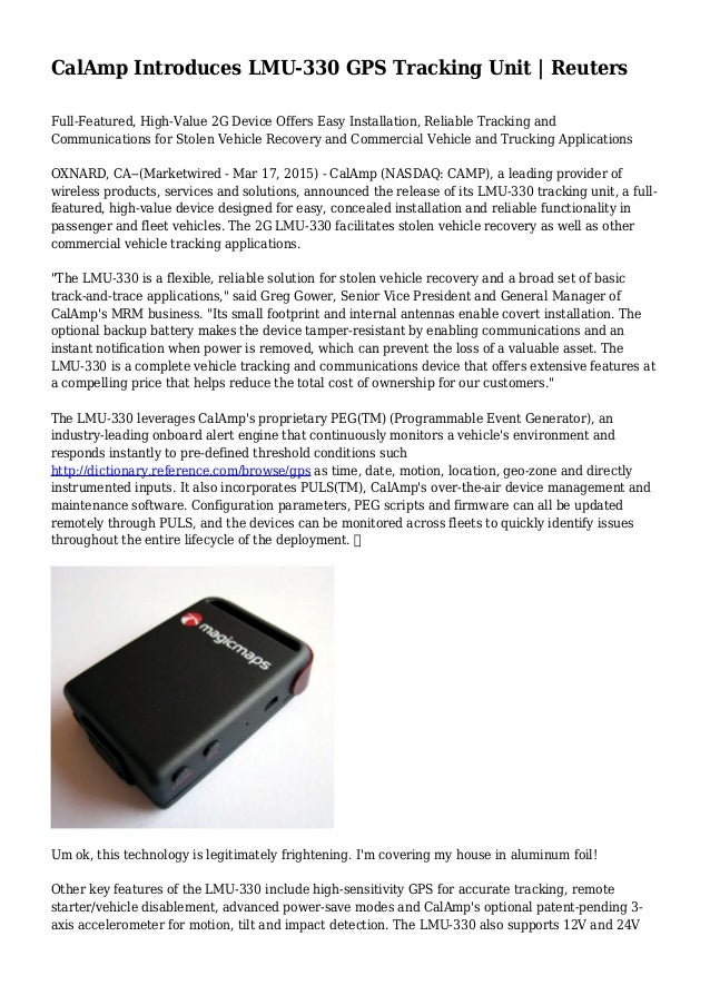 CalAmp Introduces LMU 330 GPS Tracking Unit Reuters