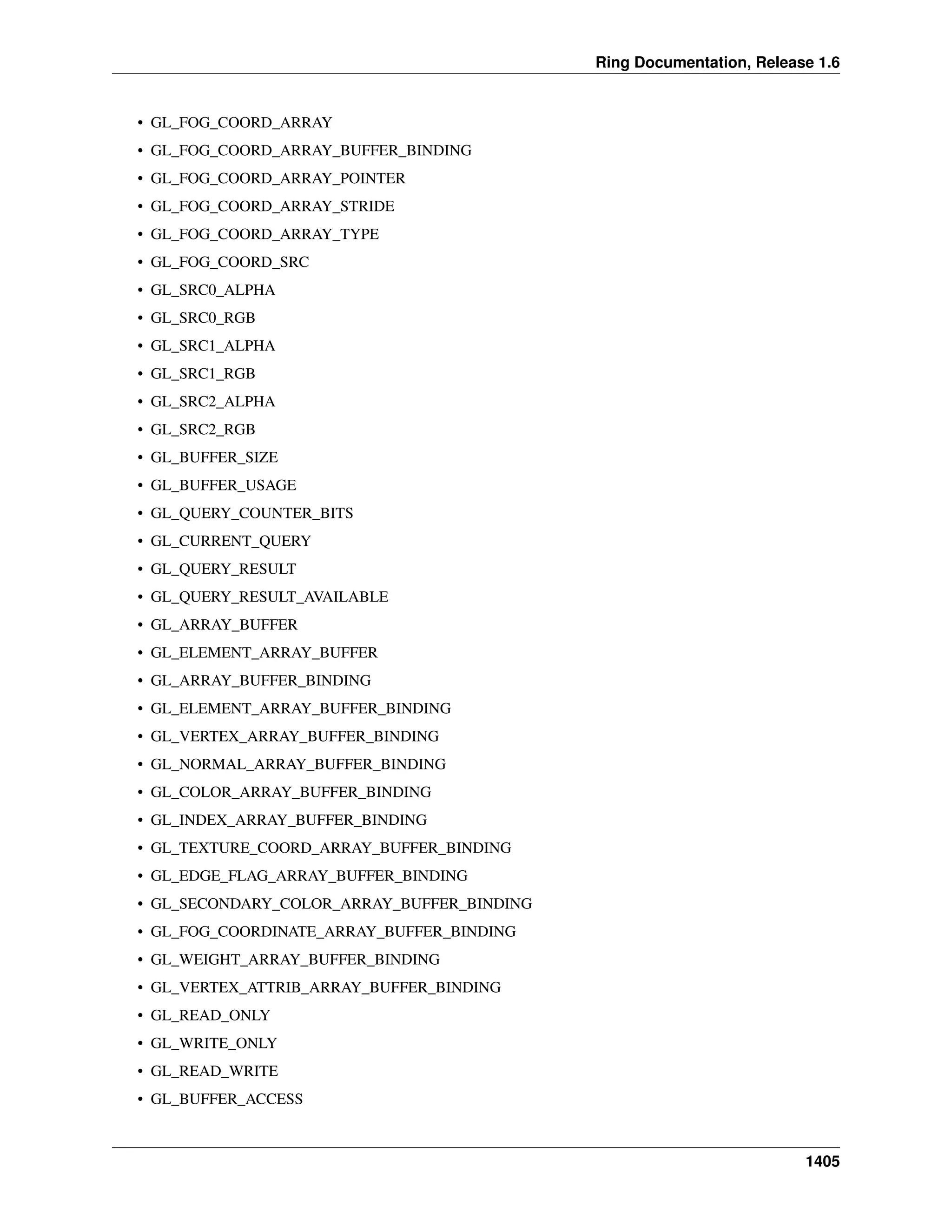 Ring Documentation, Release 1.6
• GL_FOG_COORD_ARRAY
• GL_FOG_COORD_ARRAY_BUFFER_BINDING
• GL_FOG_COORD_ARRAY_POINTER
• GL_FOG_COORD_ARRAY_STRIDE
• GL_FOG_COORD_ARRAY_TYPE
• GL_FOG_COORD_SRC
• GL_SRC0_ALPHA
• GL_SRC0_RGB
• GL_SRC1_ALPHA
• GL_SRC1_RGB
• GL_SRC2_ALPHA
• GL_SRC2_RGB
• GL_BUFFER_SIZE
• GL_BUFFER_USAGE
• GL_QUERY_COUNTER_BITS
• GL_CURRENT_QUERY
• GL_QUERY_RESULT
• GL_QUERY_RESULT_AVAILABLE
• GL_ARRAY_BUFFER
• GL_ELEMENT_ARRAY_BUFFER
• GL_ARRAY_BUFFER_BINDING
• GL_ELEMENT_ARRAY_BUFFER_BINDING
• GL_VERTEX_ARRAY_BUFFER_BINDING
• GL_NORMAL_ARRAY_BUFFER_BINDING
• GL_COLOR_ARRAY_BUFFER_BINDING
• GL_INDEX_ARRAY_BUFFER_BINDING
• GL_TEXTURE_COORD_ARRAY_BUFFER_BINDING
• GL_EDGE_FLAG_ARRAY_BUFFER_BINDING
• GL_SECONDARY_COLOR_ARRAY_BUFFER_BINDING
• GL_FOG_COORDINATE_ARRAY_BUFFER_BINDING
• GL_WEIGHT_ARRAY_BUFFER_BINDING
• GL_VERTEX_ATTRIB_ARRAY_BUFFER_BINDING
• GL_READ_ONLY
• GL_WRITE_ONLY
• GL_READ_WRITE
• GL_BUFFER_ACCESS
1405
 