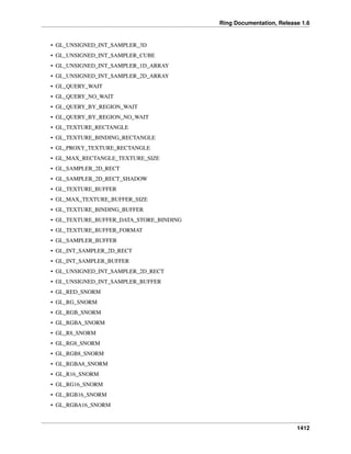 Ring Documentation, Release 1.6
• GL_UNSIGNED_INT_SAMPLER_3D
• GL_UNSIGNED_INT_SAMPLER_CUBE
• GL_UNSIGNED_INT_SAMPLER_1D_ARRAY
• GL_UNSIGNED_INT_SAMPLER_2D_ARRAY
• GL_QUERY_WAIT
• GL_QUERY_NO_WAIT
• GL_QUERY_BY_REGION_WAIT
• GL_QUERY_BY_REGION_NO_WAIT
• GL_TEXTURE_RECTANGLE
• GL_TEXTURE_BINDING_RECTANGLE
• GL_PROXY_TEXTURE_RECTANGLE
• GL_MAX_RECTANGLE_TEXTURE_SIZE
• GL_SAMPLER_2D_RECT
• GL_SAMPLER_2D_RECT_SHADOW
• GL_TEXTURE_BUFFER
• GL_MAX_TEXTURE_BUFFER_SIZE
• GL_TEXTURE_BINDING_BUFFER
• GL_TEXTURE_BUFFER_DATA_STORE_BINDING
• GL_TEXTURE_BUFFER_FORMAT
• GL_SAMPLER_BUFFER
• GL_INT_SAMPLER_2D_RECT
• GL_INT_SAMPLER_BUFFER
• GL_UNSIGNED_INT_SAMPLER_2D_RECT
• GL_UNSIGNED_INT_SAMPLER_BUFFER
• GL_RED_SNORM
• GL_RG_SNORM
• GL_RGB_SNORM
• GL_RGBA_SNORM
• GL_R8_SNORM
• GL_RG8_SNORM
• GL_RGB8_SNORM
• GL_RGBA8_SNORM
• GL_R16_SNORM
• GL_RG16_SNORM
• GL_RGB16_SNORM
• GL_RGBA16_SNORM
1412
 