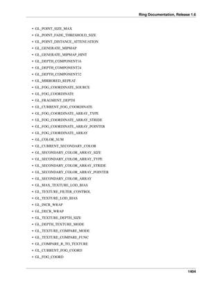 Ring Documentation, Release 1.6
• GL_POINT_SIZE_MAX
• GL_POINT_FADE_THRESHOLD_SIZE
• GL_POINT_DISTANCE_ATTENUATION
• GL_GENERATE_MIPMAP
• GL_GENERATE_MIPMAP_HINT
• GL_DEPTH_COMPONENT16
• GL_DEPTH_COMPONENT24
• GL_DEPTH_COMPONENT32
• GL_MIRRORED_REPEAT
• GL_FOG_COORDINATE_SOURCE
• GL_FOG_COORDINATE
• GL_FRAGMENT_DEPTH
• GL_CURRENT_FOG_COORDINATE
• GL_FOG_COORDINATE_ARRAY_TYPE
• GL_FOG_COORDINATE_ARRAY_STRIDE
• GL_FOG_COORDINATE_ARRAY_POINTER
• GL_FOG_COORDINATE_ARRAY
• GL_COLOR_SUM
• GL_CURRENT_SECONDARY_COLOR
• GL_SECONDARY_COLOR_ARRAY_SIZE
• GL_SECONDARY_COLOR_ARRAY_TYPE
• GL_SECONDARY_COLOR_ARRAY_STRIDE
• GL_SECONDARY_COLOR_ARRAY_POINTER
• GL_SECONDARY_COLOR_ARRAY
• GL_MAX_TEXTURE_LOD_BIAS
• GL_TEXTURE_FILTER_CONTROL
• GL_TEXTURE_LOD_BIAS
• GL_INCR_WRAP
• GL_DECR_WRAP
• GL_TEXTURE_DEPTH_SIZE
• GL_DEPTH_TEXTURE_MODE
• GL_TEXTURE_COMPARE_MODE
• GL_TEXTURE_COMPARE_FUNC
• GL_COMPARE_R_TO_TEXTURE
• GL_CURRENT_FOG_COORD
• GL_FOG_COORD
1404
 