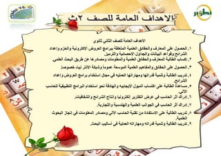 ‫األ٘ذاف اٌؼبِخ ٌٍصف اٌضبٟٔ صبٔٛٞ‬
  ‫1. اٌؾصٛي ػٍٝ اٌّؼبسف ٚاٌؾمبئك اٌؼٍّ١خ اٌّزؼٍمخ ثجشاِظ اٌؼشٚض اإلوزشٚٔ١خ ٚاٌؾضَ ٚإػذاد‬
                                   ‫اٌششائؼ ٚلٛاػذ اٌج١بٔبد ٚاٌغذاٚي اإلؽصبئ١خ ٚاٌزشِ١ض.‬
    ‫2. إوغبة اٌطبٌجخ اٌّؼبسف ٚاٌؾمبئك اٌؼٍّ١خ ٚاٌّؼٍِٛبد ِٚصبدس٘ب ػٓ غش٠ك اٌجؾش اٌؼٍّٟ.‬
         ‫3. اٌؾصٛي ػٍٝ اٌؾمبئك ٚاٌّفب٘١ُ اٌؼٍّ١خ اٌّٛعؼخ ػِّٛب ً ٚشجىخ االٔزش ٔ١ذ خصٛصب.‬
   ‫4. رذس٠ت اٌطبٌجخ ٚرّٕ١خ لذسارٙب ِٚٙبسارٙب اٌؼٍّ١ٗ فٟ ِغبي اعزخذاَ ثشاِظ اٌؼشٚض ٚإػذاد‬
                                                                                 ‫اٌششائؼ.‬
‫5. ِغبػذح اٌطبٌجخ ػٍٝ اوزغبة اٌّ١ٛي اإل٠غبث١ٗ ٚاٌٙبدفخ ٔؾٛ اعزخذاَ اٌجشاِظ اٌزطج١م١خ ٌٍؾبعت‬
                                                                                    ‫ا٢ٌٟ.‬
                 ‫6. إدسان أصش اٌؾبعت فٟ ػشض اٌزمبس٠ش إٌىزشٚٔ١ب ٚأزبط اٌششائؼ ٚاٌشفبف١بد.‬
                               ‫7. إدسان أصش اٌؾبعت فٟ اٌغٛأت اٌؼٍّ١خ ٚإٌٙذع١خ ٚاٌزغبس٠خ.‬
   ‫8. رذس٠ت اٌطبٌجخ ػٍٝ االعزفبدح ِٓ رمٕ١خ اٌؾبعت ا٢ٌٟ ِٚصبدس اٌّؼٍِٛبد فٟ إٔغبص اٌجؾٛس‬
                                                                               ‫اٌؼٍّ١خ.‬
                         ‫9. رذس٠ت اٌطبٌجخ ٚرّٕ١خ لذسارٗ ِٚٙبسارٗ اٌؼٍّ١خ فٟ أعبٌ١ت اٌجؾش.‬
 