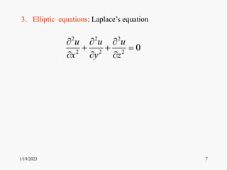 1/19/2023 7
2 2 2
2 2 2
0
u u u
x y z
  
  
  
3. Elliptic equations: Laplace’s equation
 