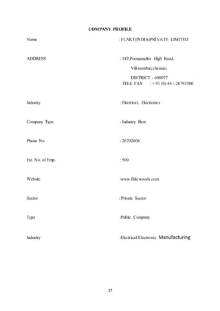 17
COMPANY PROFILE
Name : FLAKT(INDIA)PRIVATE LIMITED
ADDRESS : 147,Poonamallee High Road,
Vill-numbal,chennai.
DISTRICT - 600077
TELE FAX : + 91 (0) 44 - 26793500
Industry : Electrical, Electronics
Company Type : Industry Best
Phone No : 26792606
Est. No. of Emp. : 500
Website :www.flaktwoods.com
Sector : Private Sector
Type :Public Company
Industry :Electrical/Electronic Manufacturing
 