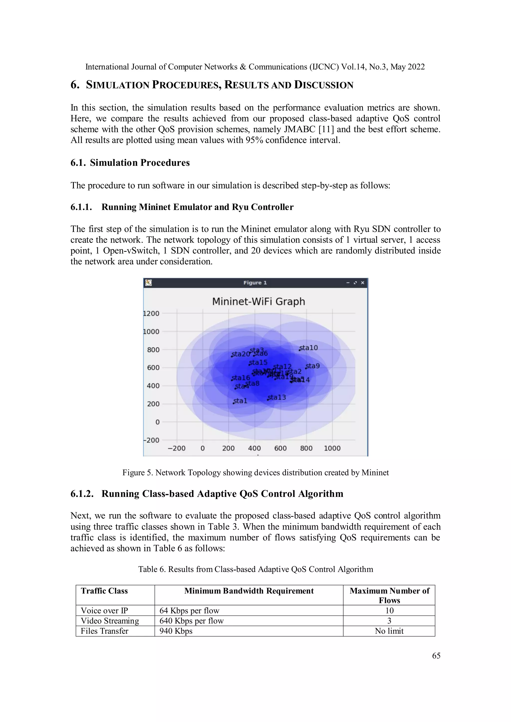 International Journal of Computer Networks & Communications (IJCNC) Vol.14, No.3, May 2022
65
6. SIMULATION PROCEDURES, RESULTS AND DISCUSSION
In this section, the simulation results based on the performance evaluation metrics are shown.
Here, we compare the results achieved from our proposed class-based adaptive QoS control
scheme with the other QoS provision schemes, namely JMABC [11] and the best effort scheme.
All results are plotted using mean values with 95% confidence interval.
6.1. Simulation Procedures
The procedure to run software in our simulation is described step-by-step as follows:
6.1.1. Running Mininet Emulator and Ryu Controller
The first step of the simulation is to run the Mininet emulator along with Ryu SDN controller to
create the network. The network topology of this simulation consists of 1 virtual server, 1 access
point, 1 Open-vSwitch, 1 SDN controller, and 20 devices which are randomly distributed inside
the network area under consideration.
Figure 5. Network Topology showing devices distribution created by Mininet
6.1.2. Running Class-based Adaptive QoS Control Algorithm
Next, we run the software to evaluate the proposed class-based adaptive QoS control algorithm
using three traffic classes shown in Table 3. When the minimum bandwidth requirement of each
traffic class is identified, the maximum number of flows satisfying QoS requirements can be
achieved as shown in Table 6 as follows:
Table 6. Results from Class-based Adaptive QoS Control Algorithm
Traffic Class Minimum Bandwidth Requirement Maximum Number of
Flows
Voice over IP 64 Kbps per flow 10
Video Streaming 640 Kbps per flow 3
Files Transfer 940 Kbps No limit
 