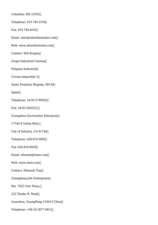 Columbia, MD 21045
Telephone: 410 740-3350
Fax: 410 740-4102
Email: sales@absorbentsales.com
Web: www.absorbentsales.com
Contact: Will Krupka
Grupo Industrial Catensa
Poligono Industrial
Urvasa-Ampurdan 5
Santa Perpetua Moguda, 08130
Spain
Telephone: 34-93-5749920
Fax: 34-93-5602251
Guangzhou Environstar Enterprise
17749 E Valley Blvd.
City of Industry, CA 91744
Telephone: 626-810-9892
Fax: 626-810-6834
Email: edwards@tians.com
Web: www.tians.com
Contact: Edwards Tian
Guangdong Jofo Enterprises
Rm. 7023 Citic Plaza,
233 Tianhe N. Road
Guanzhou, GuangDong 510613 China
Telephone: +86-20-3877-0815
 