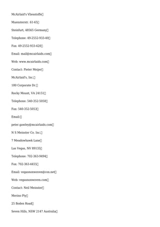 McAirlaid's Vliesstoffe
Muensterstr. 61-65
Steinfurt, 48565 Germany
Telephone: 49-2552-933-40
Fax: 49-2552-933-420
Email: mail@mcairlaids.com
Web: www.mcairlaids.com
Contact: Pieter Meijer
McAirlaid's, Inc.
180 Corporate Dr.
Rocky Mount, VA 24151
Telephone: 540-352-5050
Fax: 540-352-5053
Email:
peter.gawley@mcairlaids.com
N S Meinster Co. Inc.
7 Meadowhawk Lane
Las Vegas, NV 89135
Telephone: 702-363-9494
Fax: 702-363-4455
Email: vegasnonwoven@cox.net
Web: vegasnonwoven.com
Contact: Neil Meinster
Merino Pty
25 Boden Road
Seven Hills, NSW 2147 Australia
 
