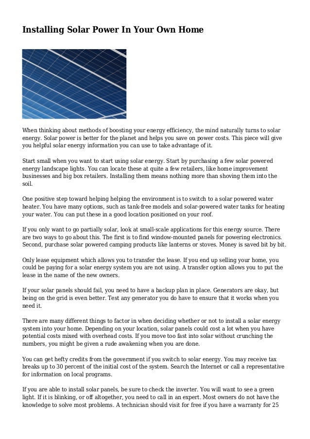 Installing Solar Power In Your Own Home - installing solar power in your own home when thinking about methods of boosting your energy efficiency
