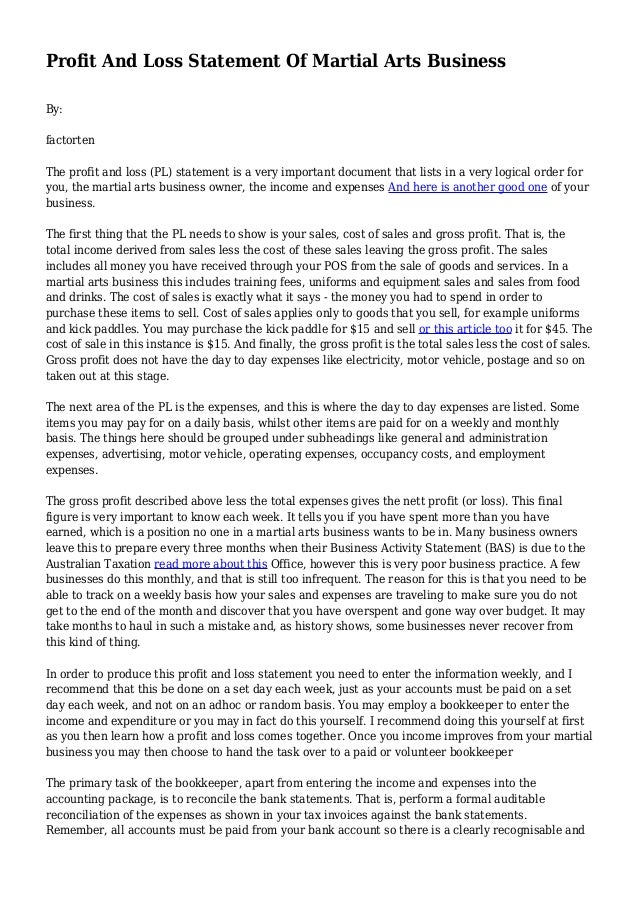 profit and loss statement of martial arts business