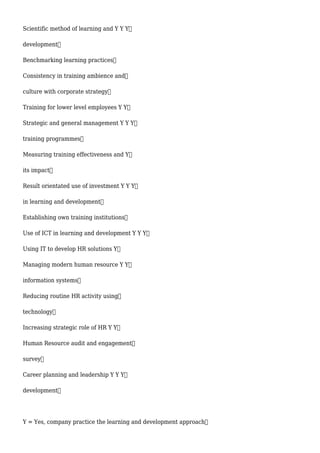 Scientific method of learning and Y Y Y
development
Benchmarking learning practices
Consistency in training ambience and
culture with corporate strategy
Training for lower level employees Y Y
Strategic and general management Y Y Y
training programmes
Measuring training effectiveness and Y
its impact
Result orientated use of investment Y Y Y
in learning and development
Establishing own training institutions
Use of ICT in learning and development Y Y Y
Using IT to develop HR solutions Y
Managing modern human resource Y Y
information systems
Reducing routine HR activity using
technology
Increasing strategic role of HR Y Y
Human Resource audit and engagement
survey
Career planning and leadership Y Y Y
development
Y = Yes, company practice the learning and development approach
 