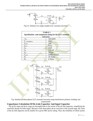 NOVATEUR PUBLICATIONS
INTERNATIONAL JOURNAL OF INNOVATIONS IN ENGINEERING RESEARCH AND TECHNOLOGY [IJIERT]
ISSN: 2394-3696
VOLUME 2, ISSUE 6, JUNE-2015
8 | P a g e
Fig.3.4. Scheme of a single module LLC resonant converter.
TABLE 1
Specification and component sizing for the LLC resonant
converter
VN 320-420V
V N-NOMINAL 400V
VOUT 24V
IOUT 0-6A
CR 22nF
LR 110 µH
LM 585µH
COUT (4400+470)µF
N1 36 Turns
N2 4 Turns
Fig. Interleaved three phases LLC resonant converter using transformers primary windings star
connectionX.
Capacitance Calculation Of Dc-Link Capacitor And Input Capacitor
The dc/dc stage and dc/ac stage are decoupled due to the action of the dc-link capacitor, simplifying the
controller design for both stages. Because of the three-phase dc/ac converter in the second stage, the value
of the dc-link capacitor can be smaller for a given MIC power rating. Thus, the reliability of whole system
 