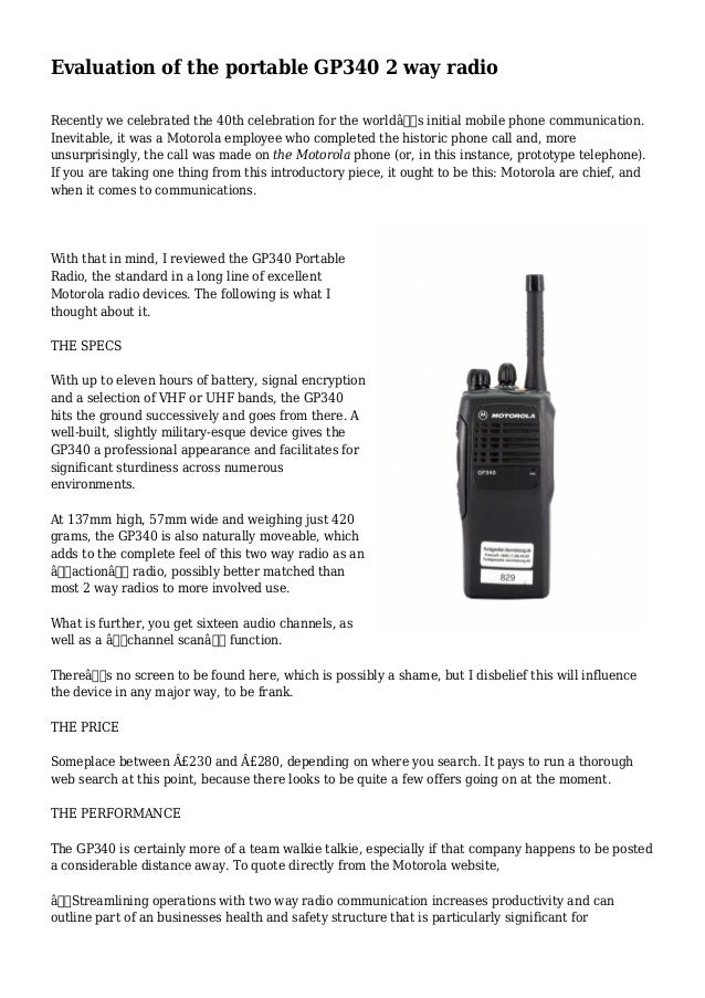 Evaluation Of The Portable Gp340 2 Way Radio