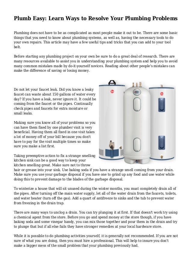 Plumb Easy Learn Ways To Resolve Your Plumbing Problems