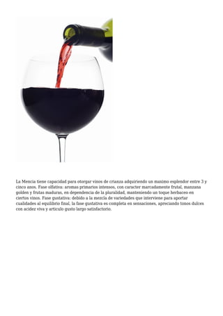 La Mencia tiene capacidad para otorgar vinos de crianza adquiriendo un maximo esplendor entre 3 y
cinco anos. Fase olfativa: aromas primarios intensos, con caracter marcadamente frutal, manzana
golden y frutas maduras, en dependencia de la pluralidad, manteniendo un toque herbaceo en
ciertos vinos. Fase gustativa: debido a la mezcla de variedades que interviene para aportar
cualidades al equilibrio final, la fase gustativa es completa en sensaciones, apreciando tonos dulces
con acidez viva y articulo gusto largo satisfactorio.
 