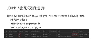 JOIN中驱动表的选择
[employees]>EXPLAIN	
  SELECT	
  b.emp_no,a.Rtle,a.from_date,a.to_date	
  
	
  	
  	
  	
  -­‐>	
  FROM	
  Rtles	
  a	
  
	
  	
  	
  	
  -­‐>	
  INNER	
  JOIN	
  employees	
  b	
  
	
  	
  	
  	
  -­‐>	
  on	
  a.emp_no	
  =	
  b.emp_no;	
  
 