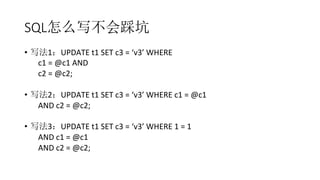 SQL怎么写不会踩坑
•  写法1：UPDATE	
  t1	
  SET	
  c3	
  =	
  ‘v3’	
  WHERE	
  
	
  	
  	
  	
  	
  	
  	
  c1	
  =	
  @c1	
  AND	
  
	
  	
  	
  	
  	
  	
  	
  c2	
  =	
  @c2;	
  
•  写法2：UPDATE	
  t1	
  SET	
  c3	
  =	
  ‘v3’	
  WHERE	
  c1	
  =	
  @c1	
  
	
  	
  	
  	
  	
  	
  	
  AND	
  c2	
  =	
  @c2;	
  
•  写法3：UPDATE	
  t1	
  SET	
  c3	
  =	
  ‘v3’	
  WHERE	
  1	
  =	
  1	
  
	
  	
  	
  	
  	
  	
  	
  AND	
  c1	
  =	
  @c1	
  
	
  	
  	
  	
  	
  	
  	
  AND	
  c2	
  =	
  @c2;	
  
 