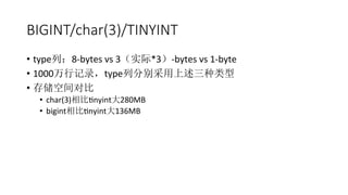 BIGINT/char(3)/TINYINT
•  type列：8-­‐bytes	
  vs	
  3（实际*3）-­‐bytes	
  vs	
  1-­‐byte	
  
•  1000万行记录，type列分别采用上述三种类型	
  
•  存储空间对比	
  
•  char(3)相比Rnyint大280MB	
  
•  bigint相比Rnyint大136MB	
  
 