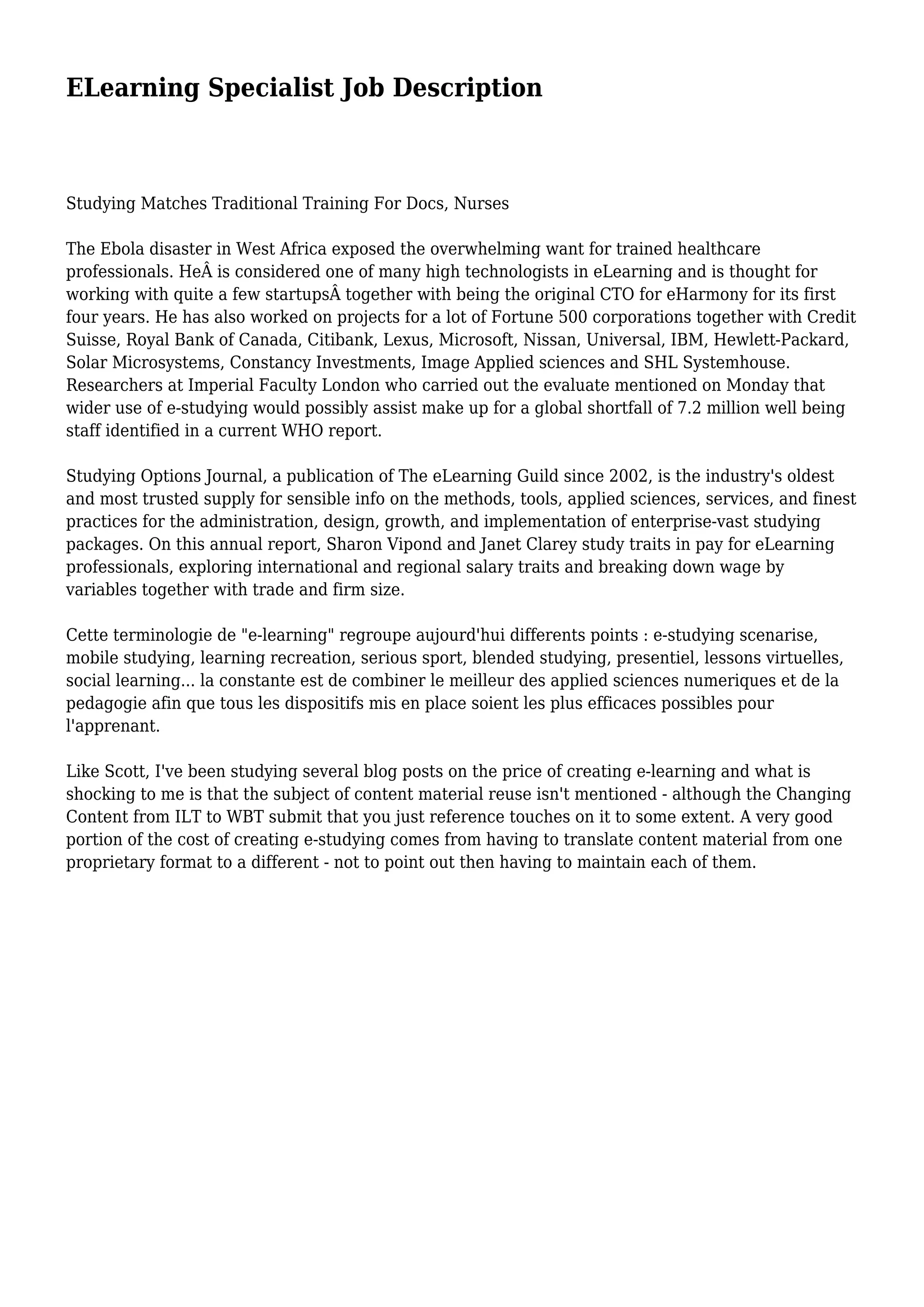 ELearning Specialist Job Description PDF