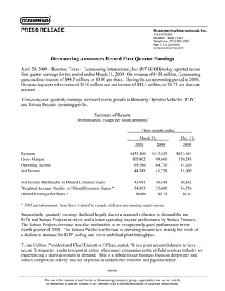 PRESS RELEASE                                                                                      Oceaneering International, Inc.
                                                                                                   11911 FM 529
                                                                                                   Houston, Texas 77041
                                                                                                   Telephone: (713) 329-4500
                                                                                                   Fax: (713) 329-4951
                                                                                                   www.oceaneering.com


                   Oceaneering Announces Record First Quarter Earnings
April 29, 2009 – Houston, Texas – Oceaneering International, Inc. (NYSE:OII) today reported record
first quarter earnings for the period ended March 31, 2009. On revenue of $435 million, Oceaneering
generated net income of $44.3 million, or $0.80 per share. During the corresponding period in 2008,
Oceaneering reported revenue of $436 million and net income of $41.3 million, or $0.73 per share as
restated.

Year-over-year, quarterly earnings increased due to growth in Remotely Operated Vehicles (ROV)
and Subsea Projects operating profits.

                                                Summary of Results
                                      (in thousands, except per share amounts)

                                                                                          Three months ended                        .
                                                                                        March 31,                           Dec. 31,
                                                                                    2009              2008                   2008

Revenue                                                                         $435,100          $435,815           $525,691
Gross Margin                                                                     105,802            98,666            120,248
Operating Income                                                                  69,380            64,770             81,626
Net Income                                                                        44,345            41,279             51,009

Net Income Attributable to Diluted Common Shares                                    43,991           40,849             50,465
Weighted Average Number of Diluted Common Shares *                                  54,863           55,668             54,726
Diluted Earnings Per Share *                                                         $0.80            $0.73              $0.92

* 2008 period amounts have been restated to comply with new accounting requirements.

Sequentially, quarterly earnings declined largely due to a seasonal reduction in demand for our
ROV and Subsea Projects services, and a lower operating income performance by Subsea Products.
The Subsea Projects decrease was also attributable to an exceptionally good performance in the
fourth quarter of 2008. The Subsea Products reduction in operating income was mainly the result of
a decline in demand for ROV tooling and lower umbilical plant throughput.

T. Jay Collins, President and Chief Executive Officer, stated, “It is a great accomplishment to have
record first quarter results to report at a time when many companies in the oilfield services industry are
experiencing a sharp downturn in demand. This is a tribute to our business focus on deepwater and
subsea completion activity and our expertise in underwater platform and pipeline repair.

                                                              -more-

             The use in this release of such terms as Oceaneering, company, group, organization, we, us, our and its,
              or references to specific entities, is not intended to be a precise description of corporate relationships.
 