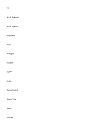 ???
Norsk (bokmål)
Norsk (nynorsk)
Oyghurque
Polski
Português
Român?
???????
Scots
Simple English
Sloven??ina
Suomi
Svenska
 